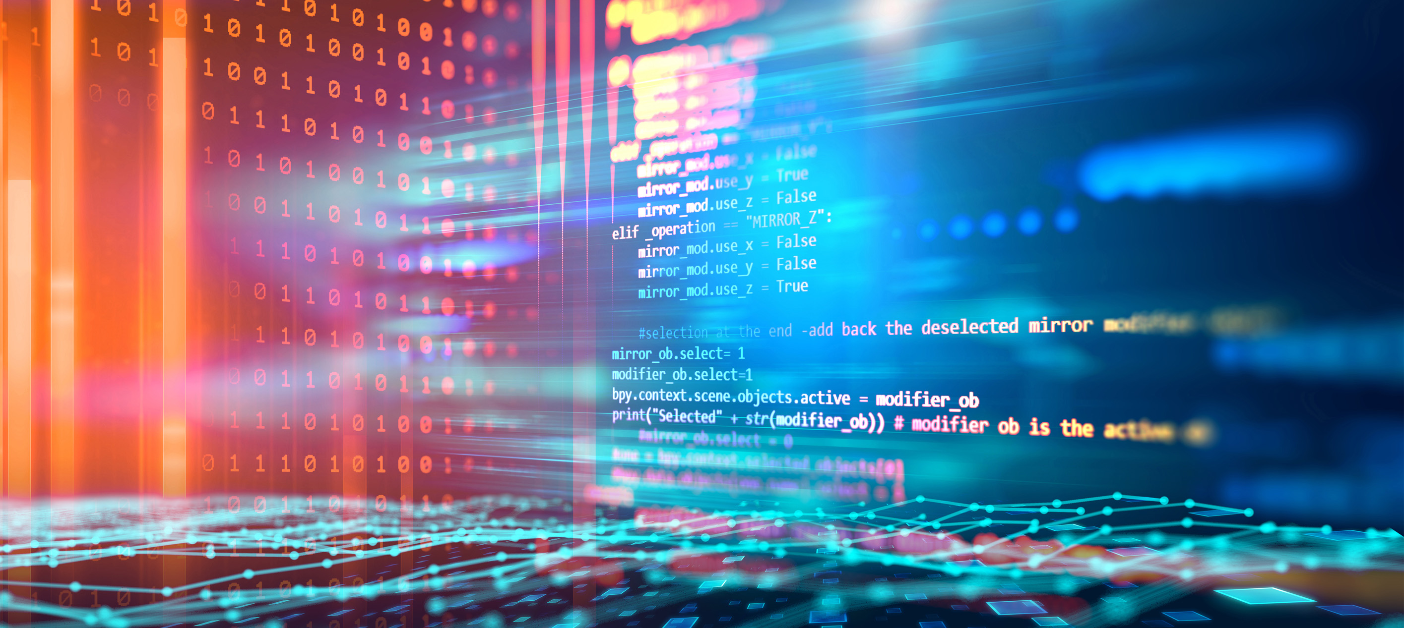 Abstract technology background featuring computer code, binary numbers, digital data streams and glowing network graphics.