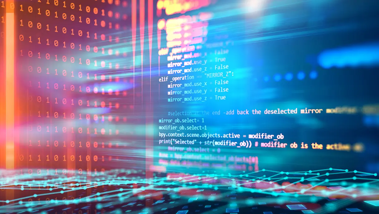 Abstract technology background featuring computer code, binary numbers, digital data streams and glowing network graphics.