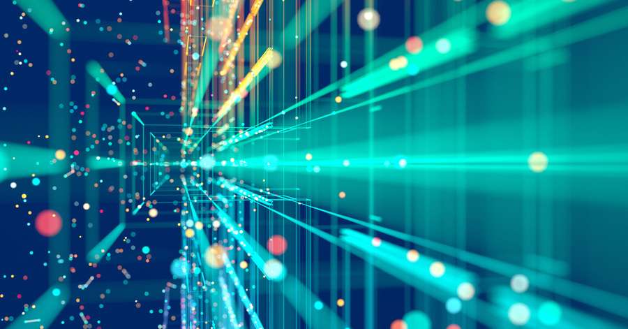 Abstract digital network with glowing data points and interconnected lines, representing technology, data and business transformation.