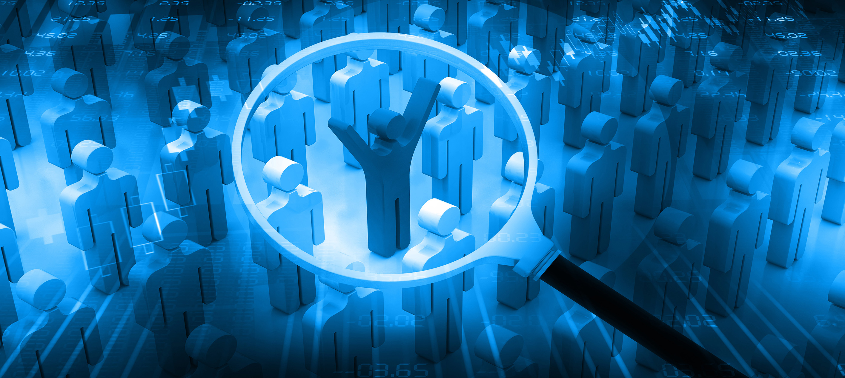 Magnifying glass highlighting a selected figure in a crowd