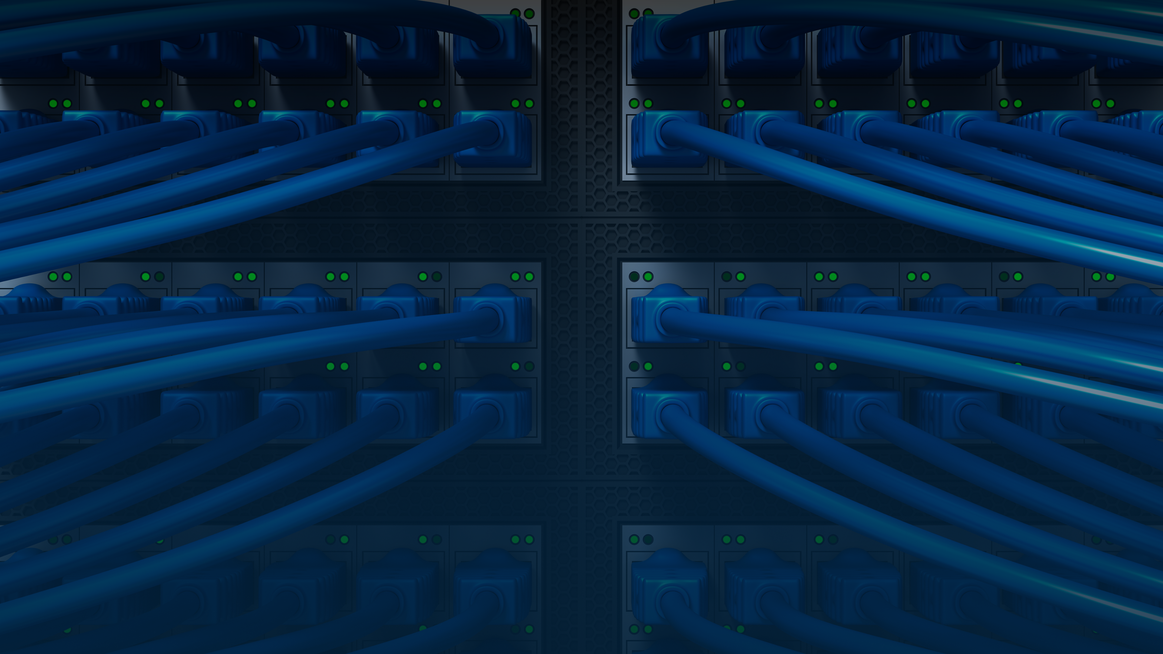 Close-up of blue Ethernet cables connected to a network switch with green indicator lights in a data center environment.