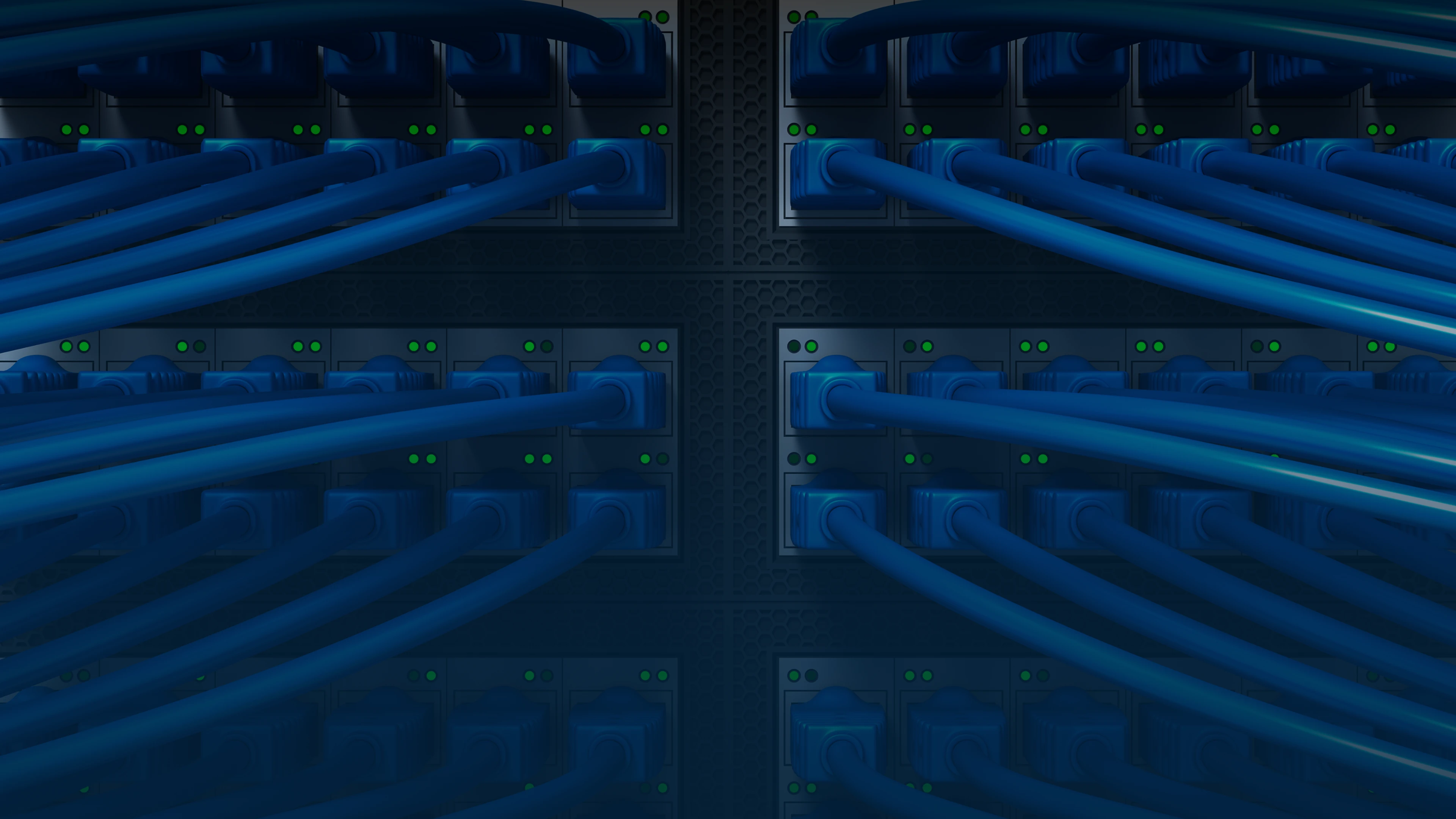 Close-up of blue Ethernet cables connected to a network switch with green indicator lights in a data center environment.