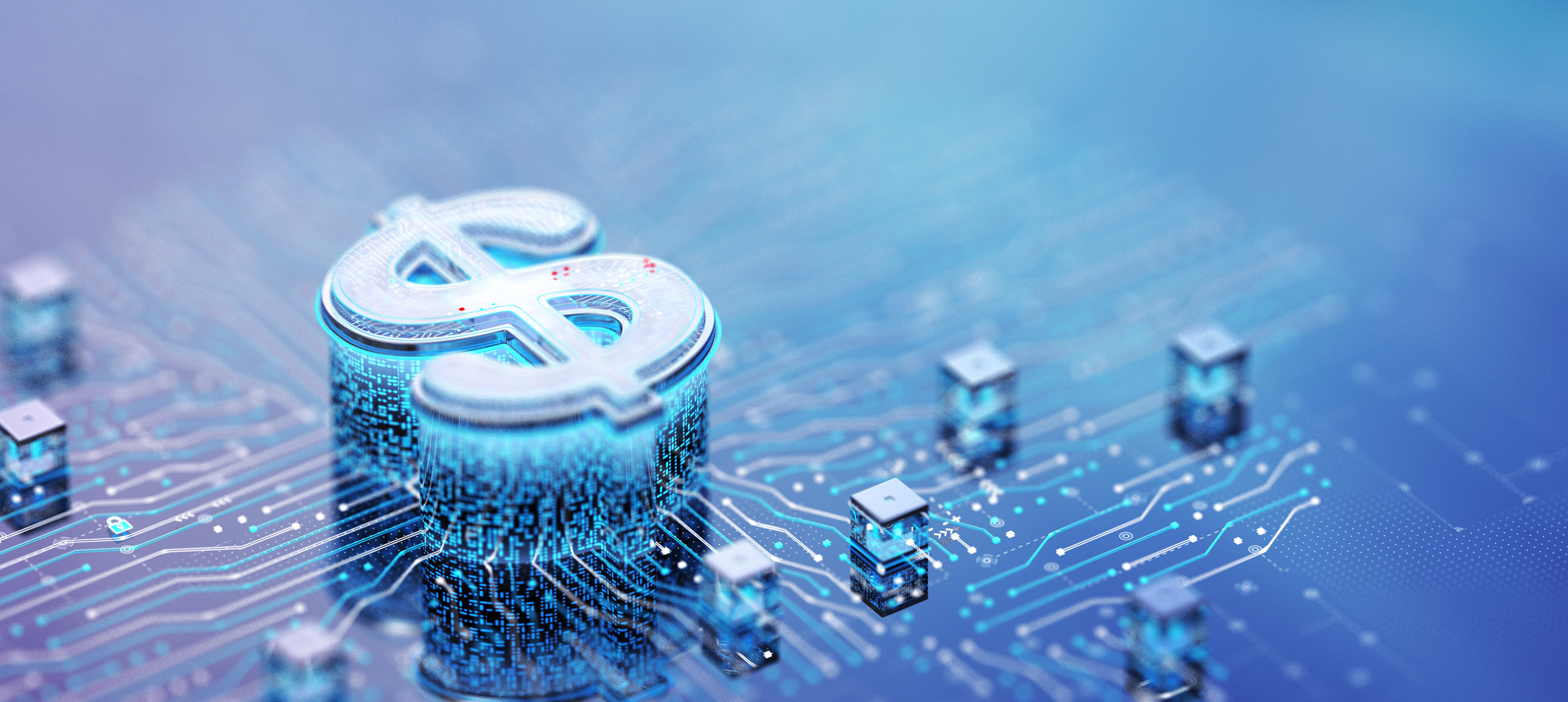 Digital dollar symbol integrated into a circuit board, representing financial technology and digital finance.