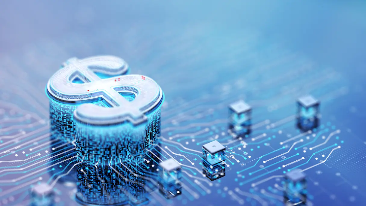 Digital dollar symbol integrated into a circuit board, representing financial technology and digital finance.