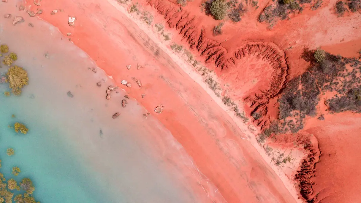 Aerial view of red desert meeting turquoise shoreline