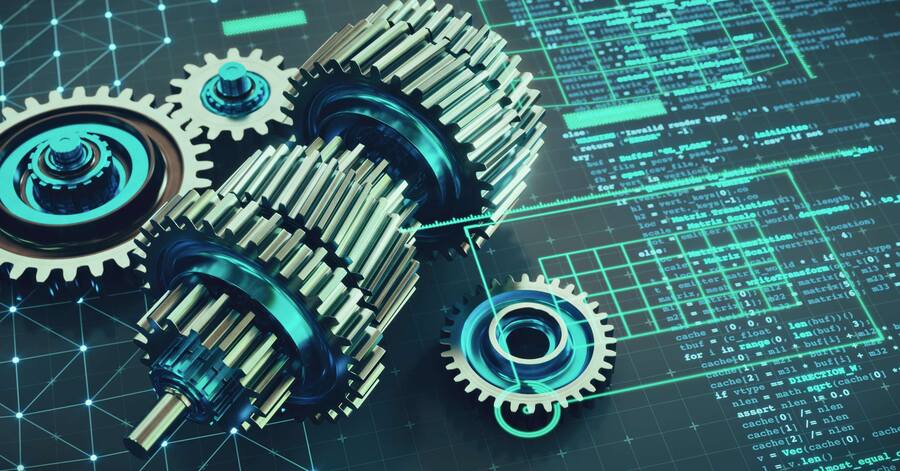 Mechanical gears placed on a digital interface displaying lines of computer code and technical diagrams in green and blue tones.