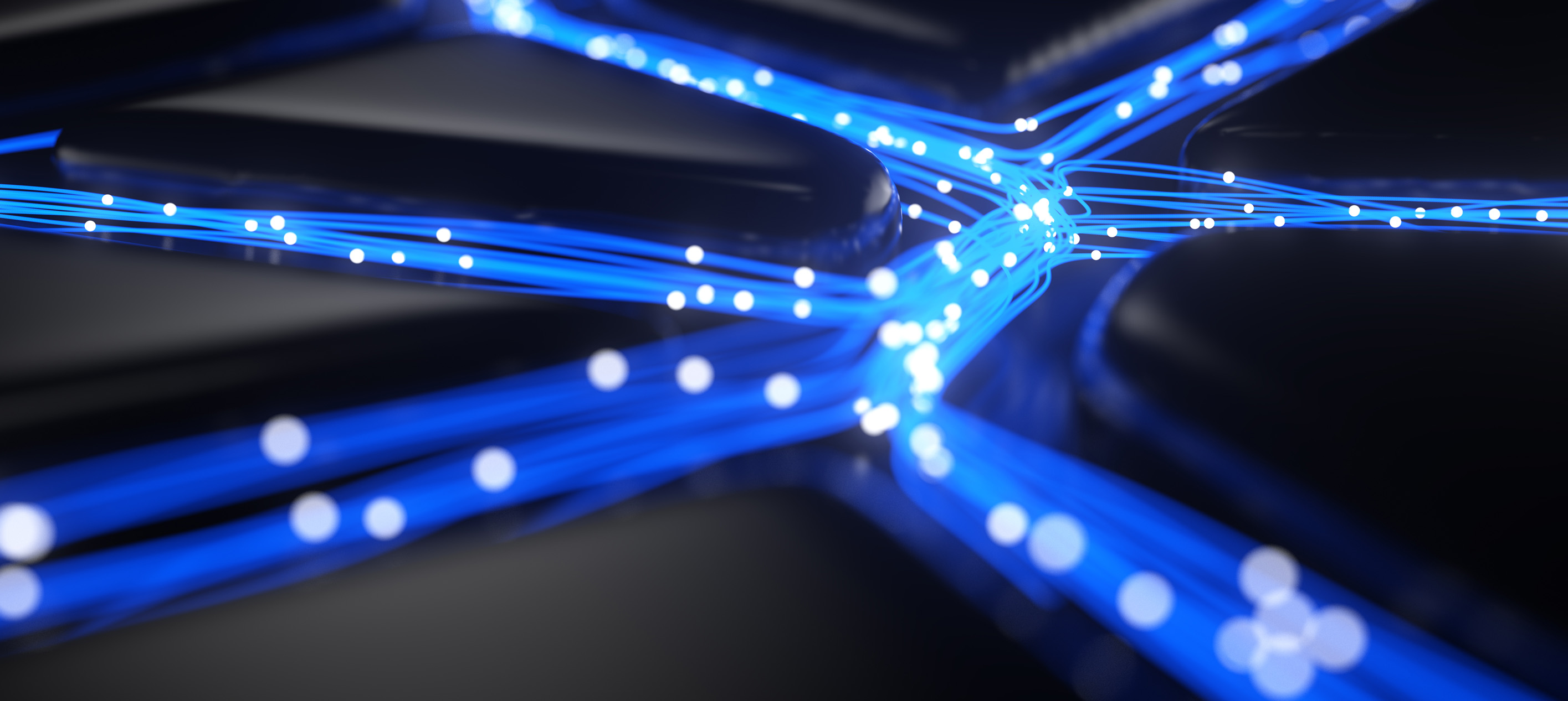 Abstract visualization of blue fiber-optic data streams connecting across a dark network