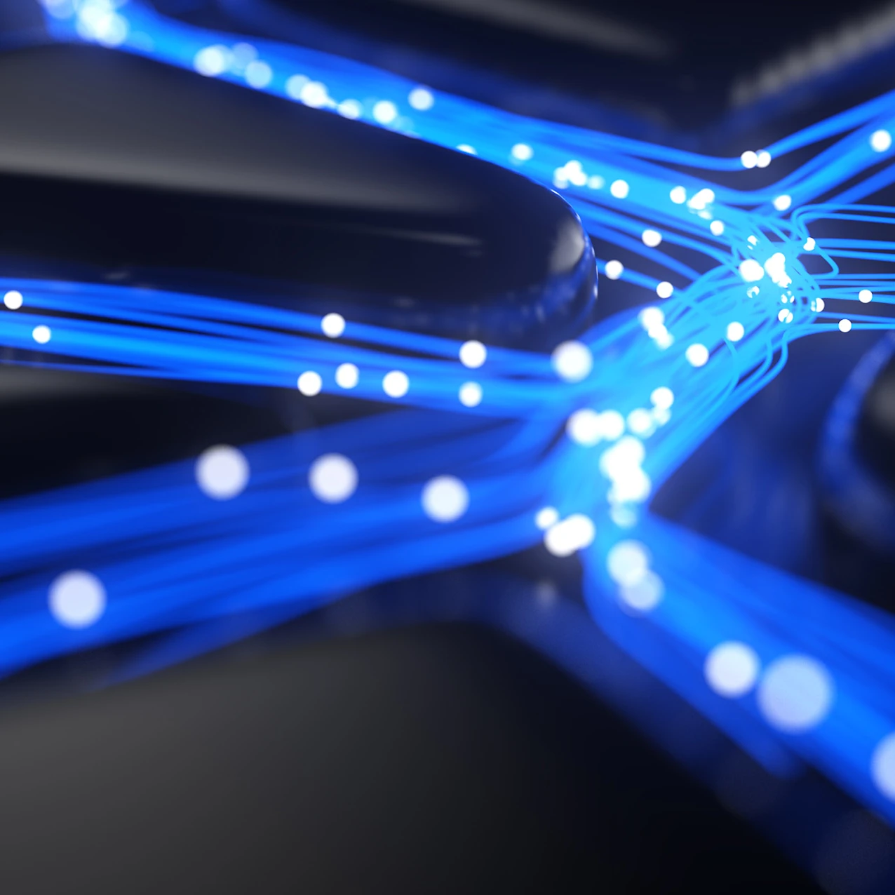 Abstract visualization of blue fiber-optic data streams connecting across a dark network