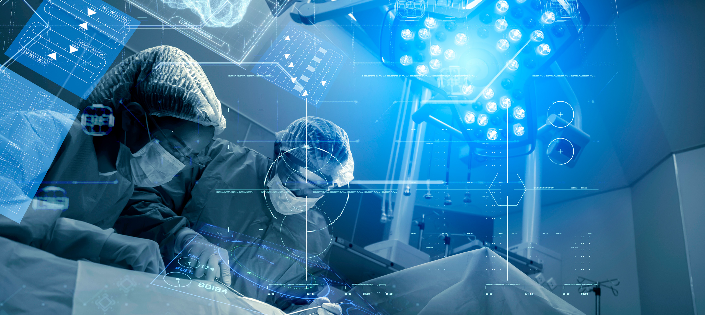 Medical professionals performing surgery in an operating room with digital interface overlays representing AI and healthcare technology.