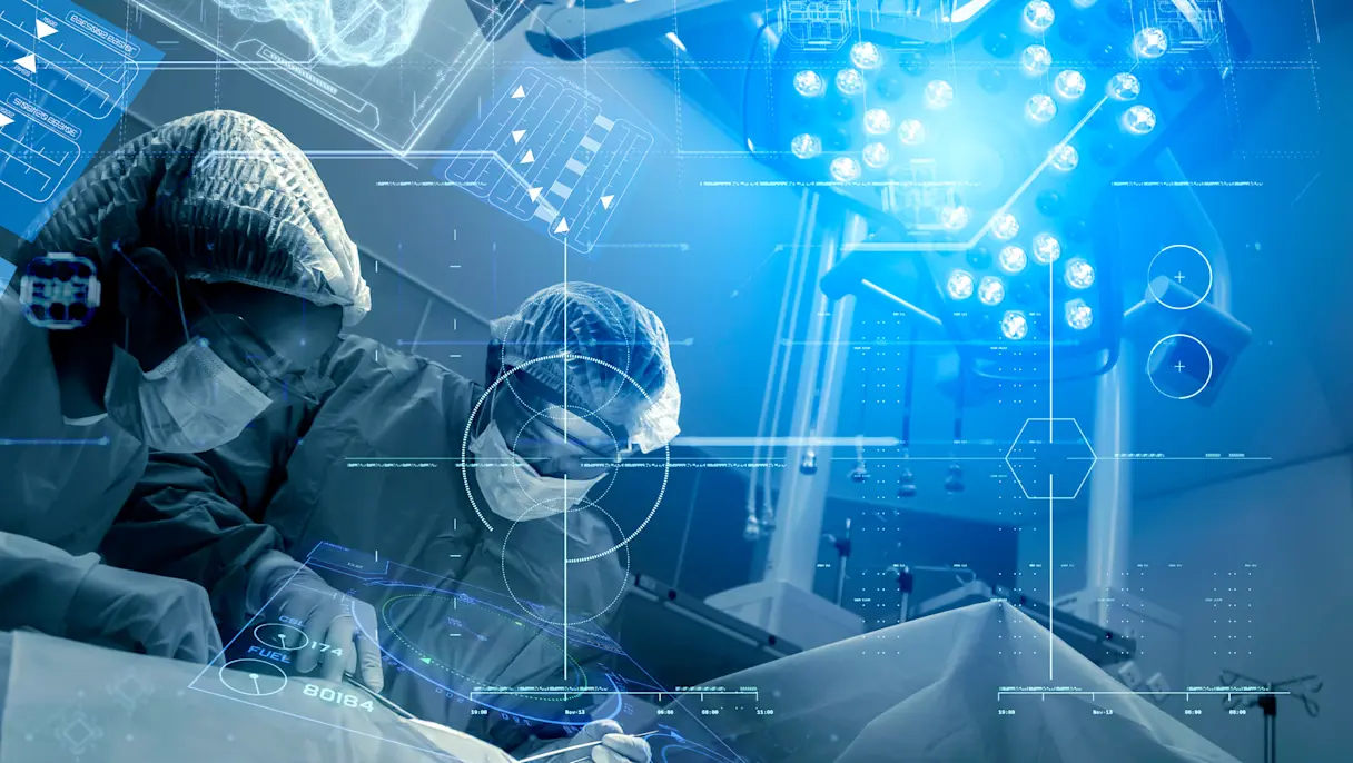 Medical professionals performing surgery in an operating room with digital interface overlays representing AI and healthcare technology.