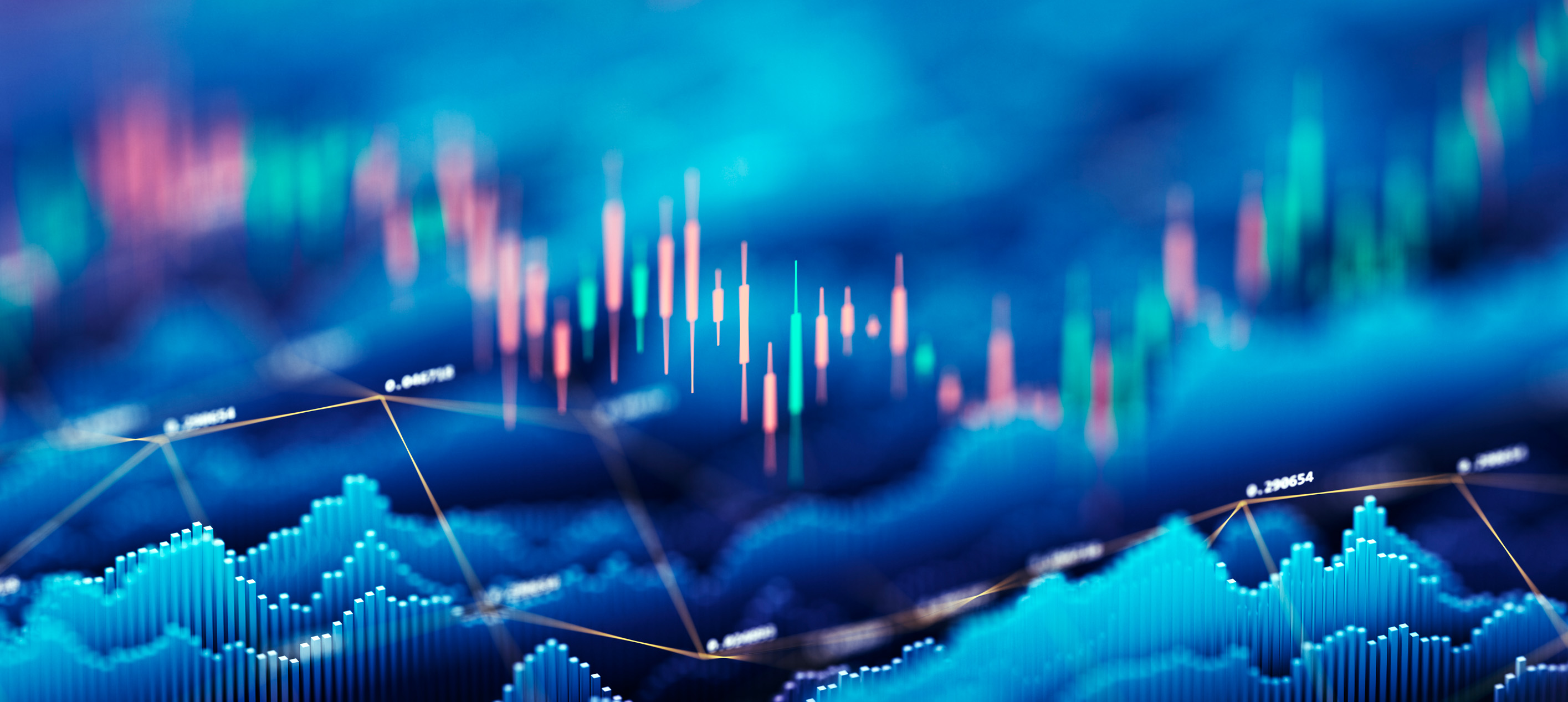 Abstract financial market chart with candlestick graphs, data points and fluctuating trends representing private credit performance.