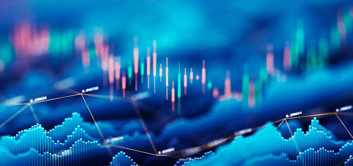 Abstract financial market chart with candlestick graphs, data points and fluctuating trends representing private credit performance.