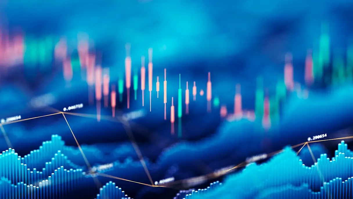 Abstract financial market chart with candlestick graphs, data points and fluctuating trends representing private credit performance.