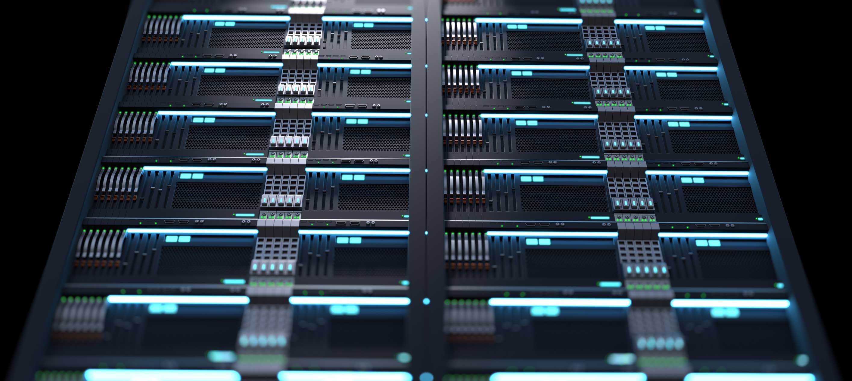 Rows of illuminated server racks with blue LED lights in a data center.