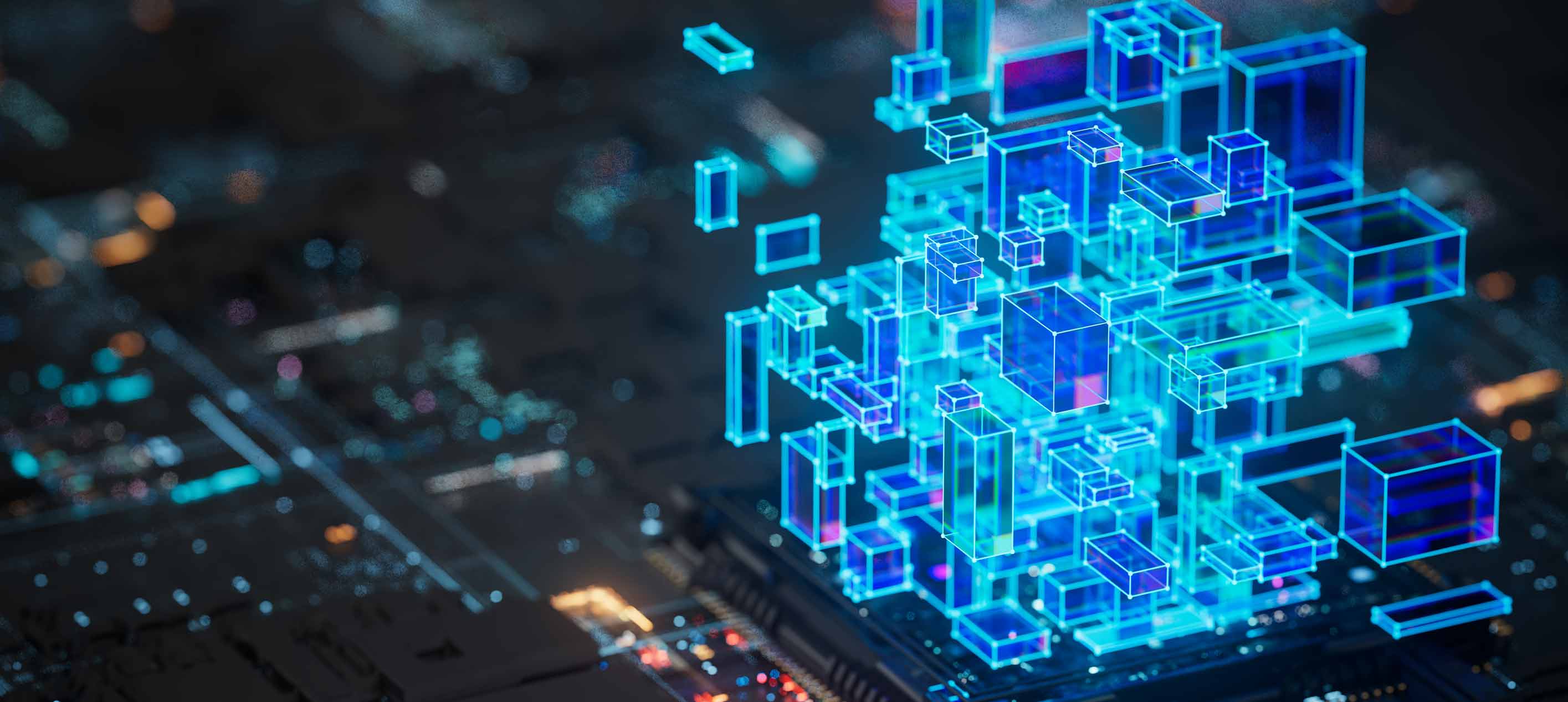 Futuristic holographic cubes over circuit board
