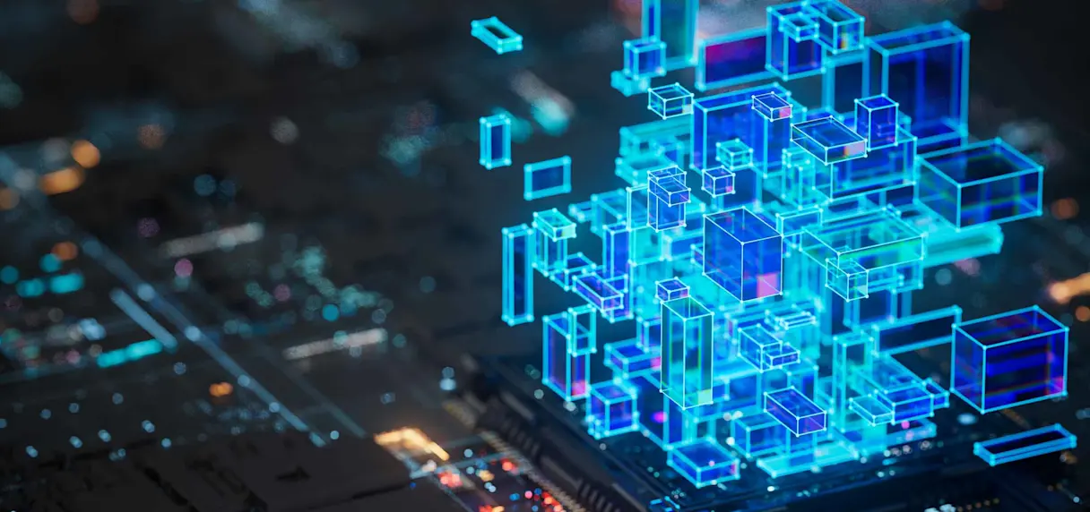 Futuristic holographic cubes over circuit board