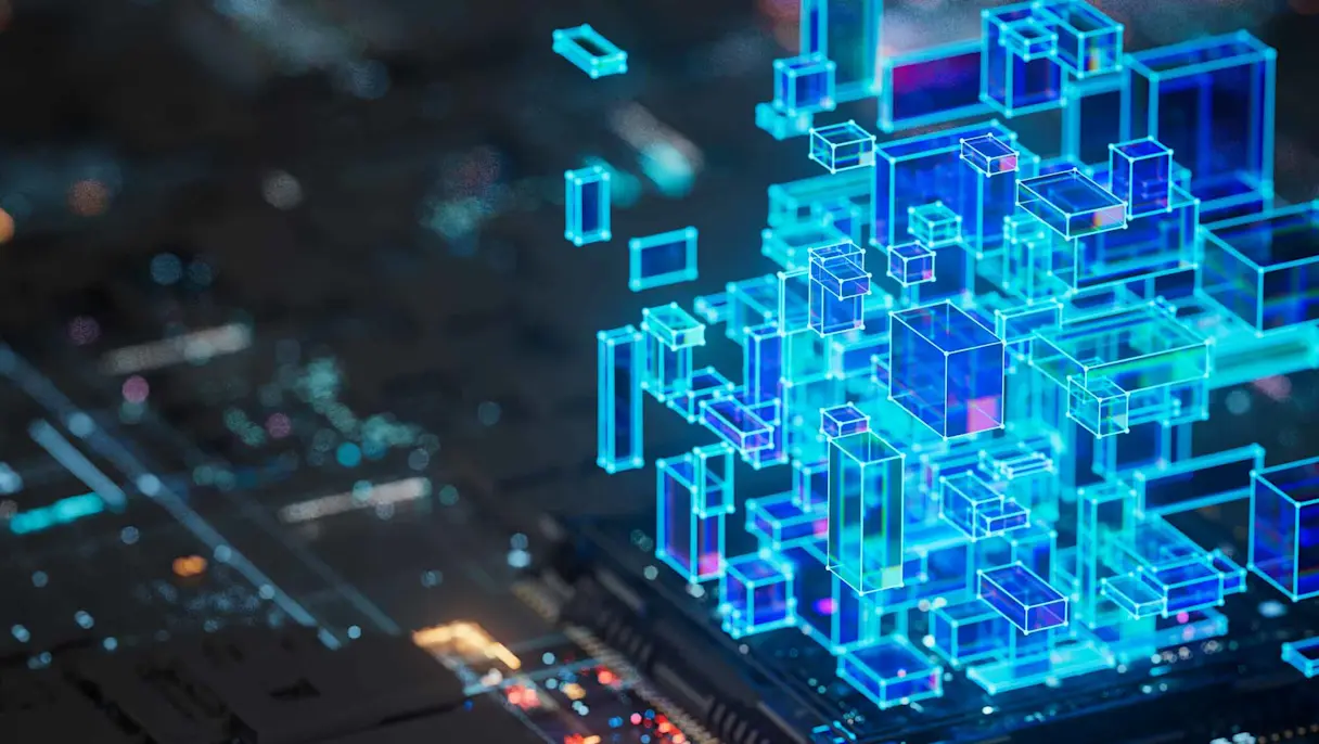 Futuristic holographic cubes over circuit board