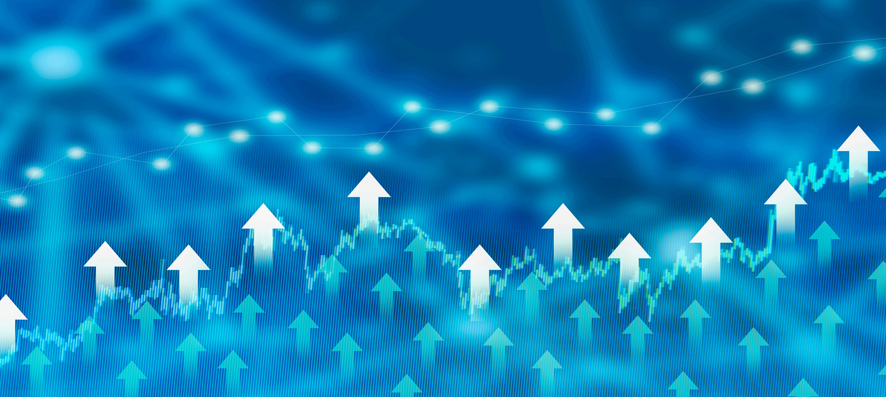 Financial market growth chart with upward arrows and rising data trends.