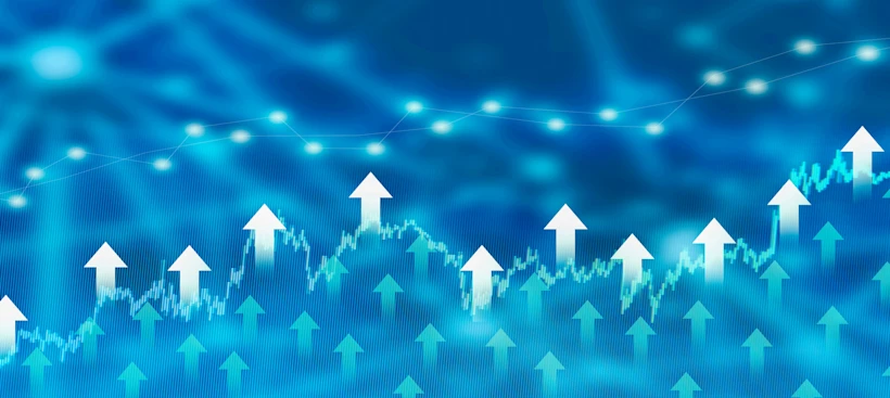 Financial market growth chart with upward arrows and rising data trends.