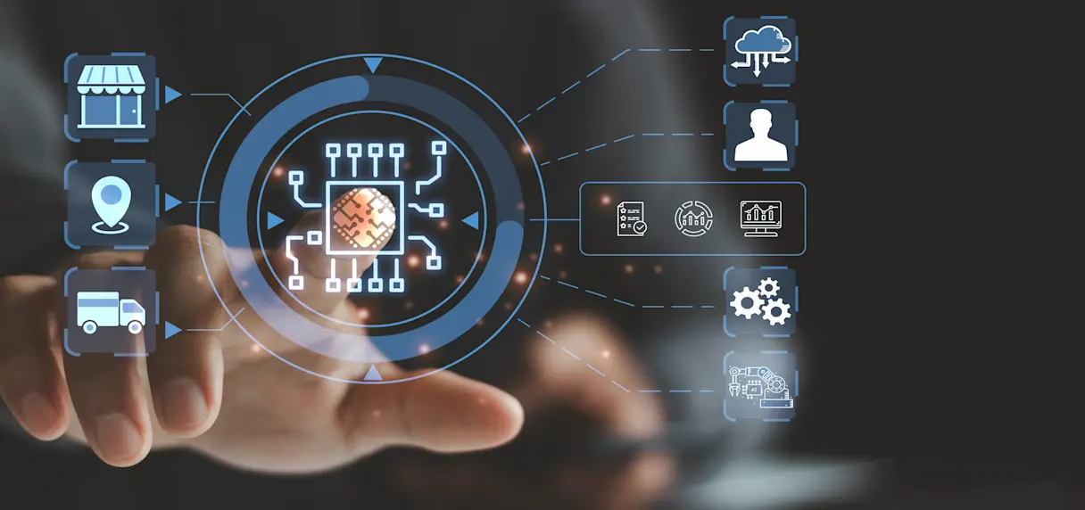 An image of a hand touching digital symbols