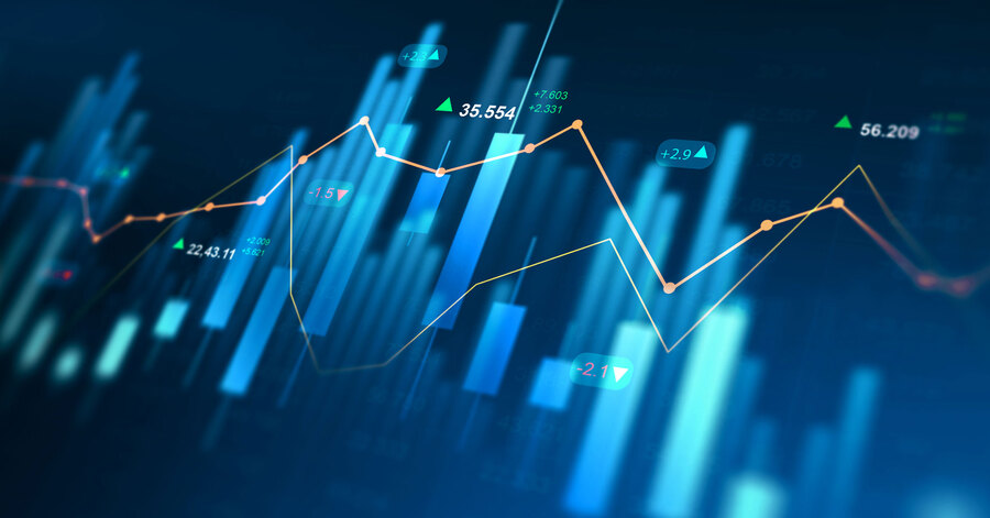 Stock market chart with rising and falling lines and bars