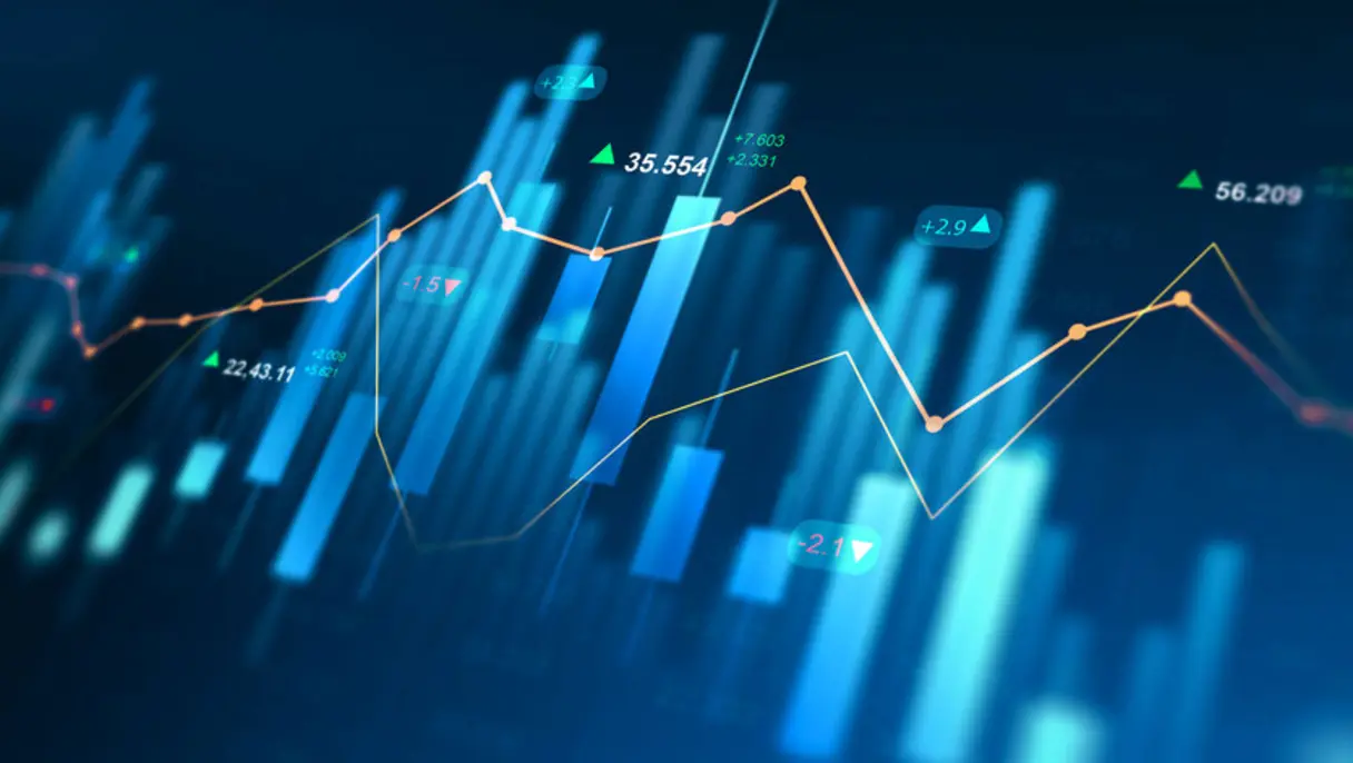 Stock market chart with rising and falling lines and bars