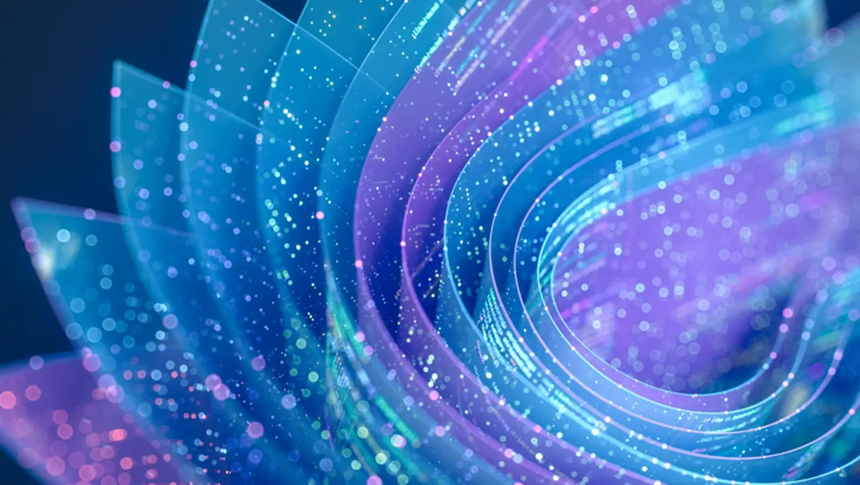 Abstract visualization of flowing blue and purple digital data streams, representing artificial intelligence and interconnected data systems.