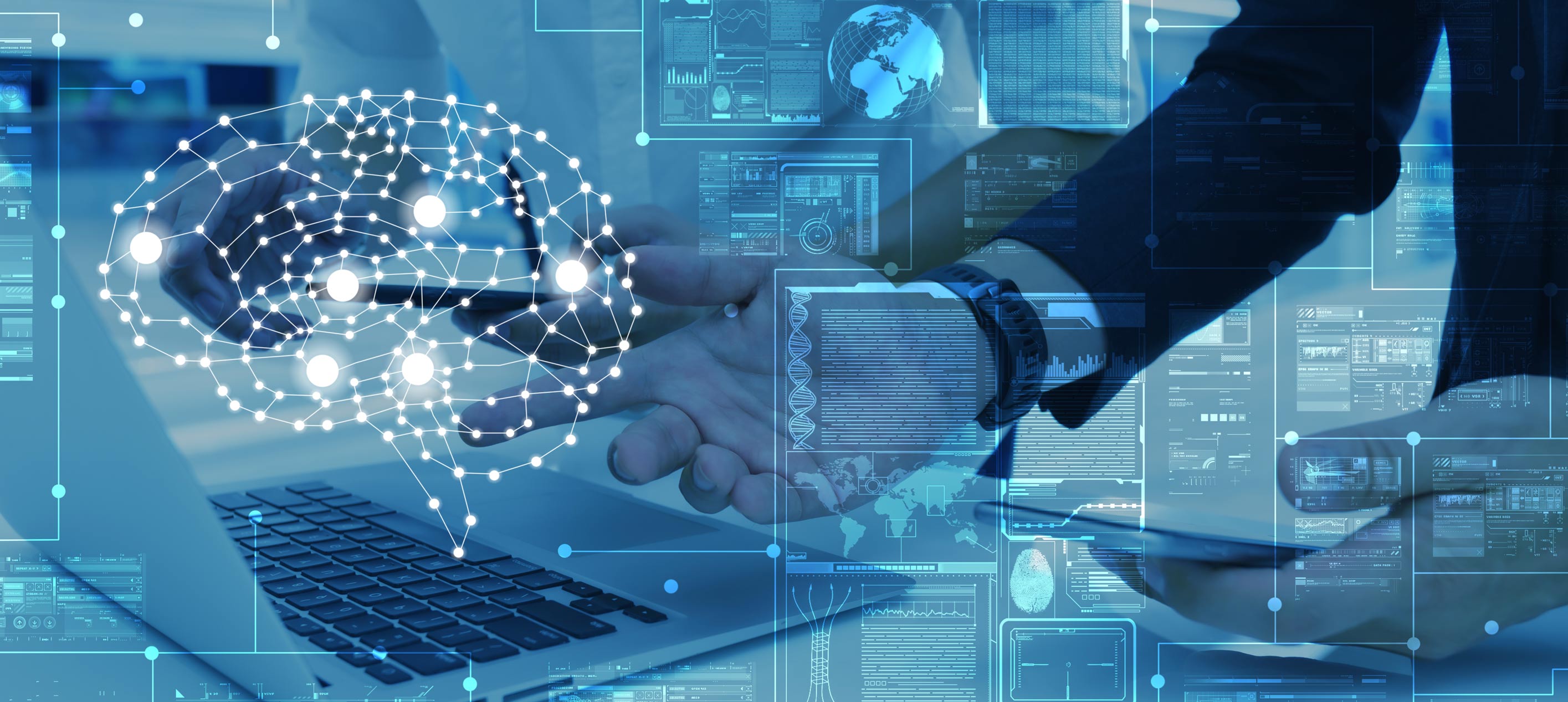 A person using a laptop overlaid with a digital AI brain graphic and data dashboards, illustrated in blue tones.