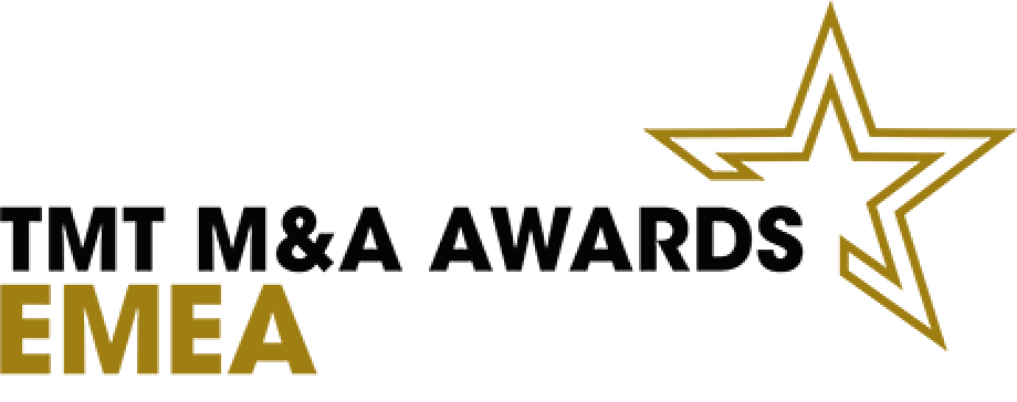 Logo of TMT M&A Awards EMEA with black and gold text and a gold outlined star on white background.