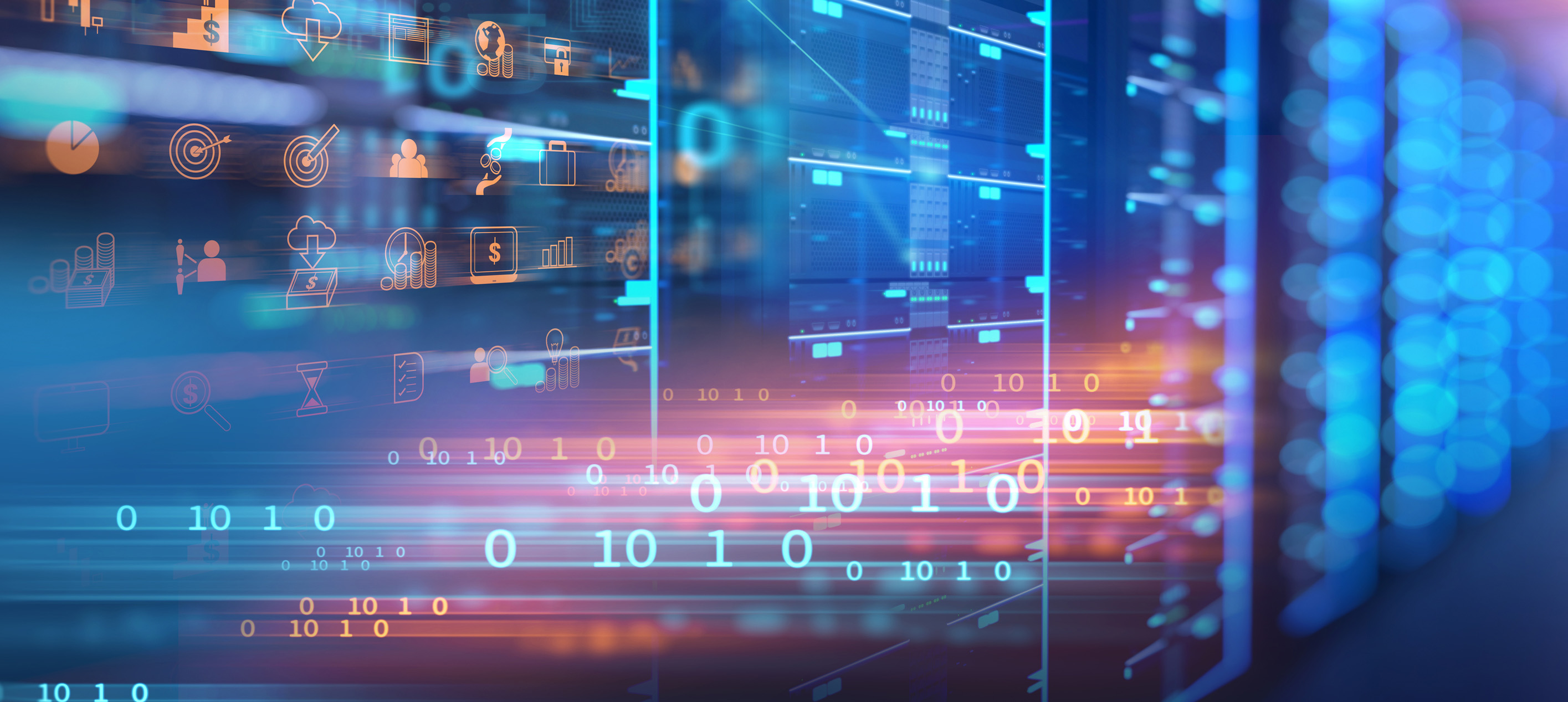 Digital data center servers with financial icons and binary code.