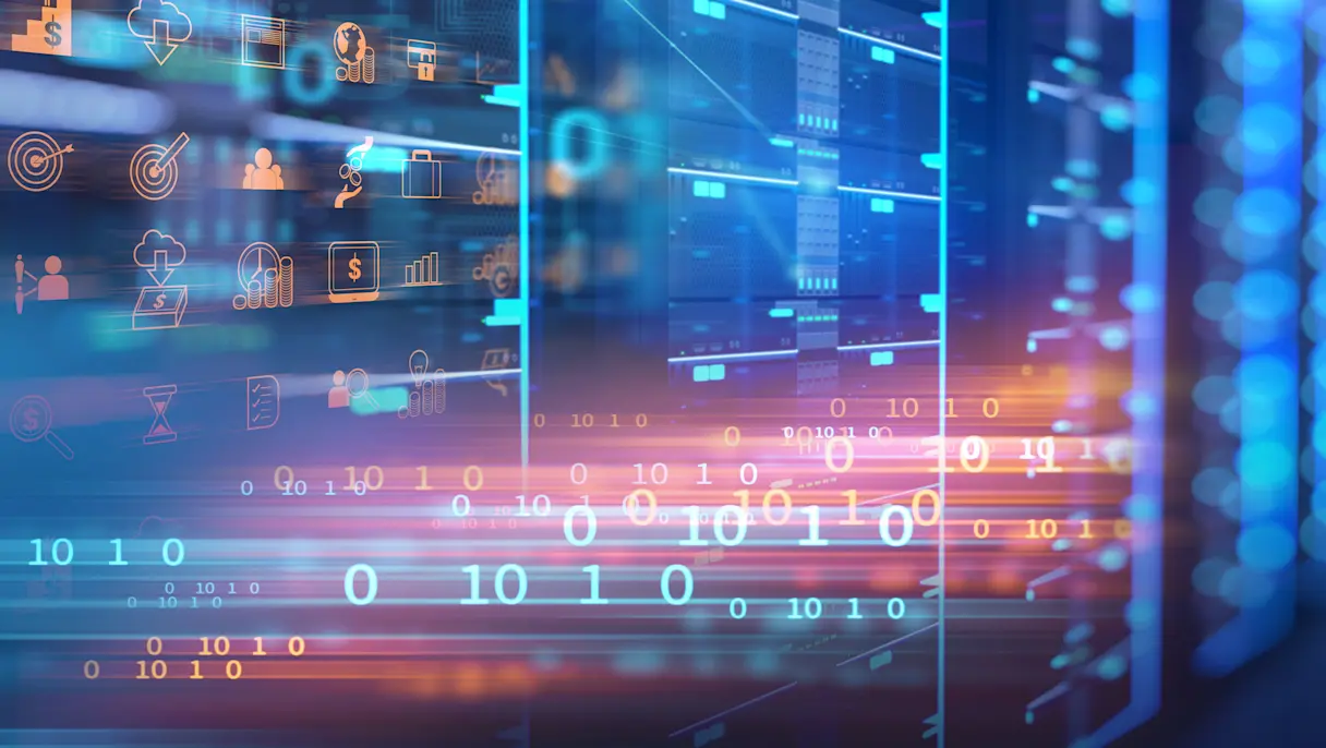 Digital data center servers with financial icons and binary code.