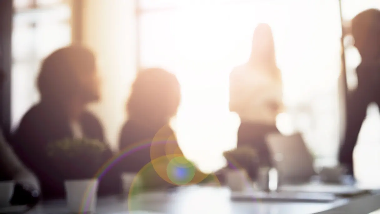 Blurred silhouettes of people in a meeting room with sunlight through windows and lens flare across table.