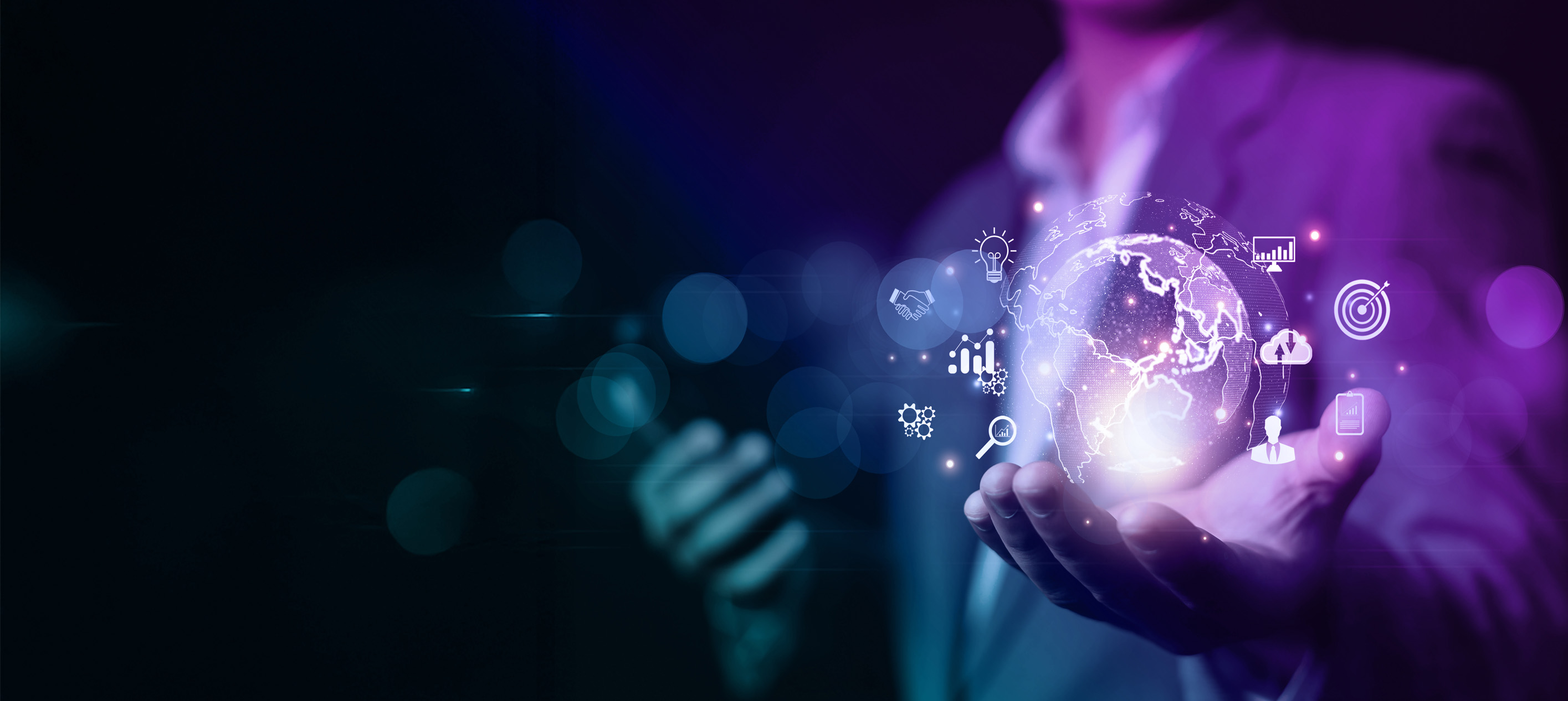Business professional holding a glowing digital globe with floating technology and analytics icons