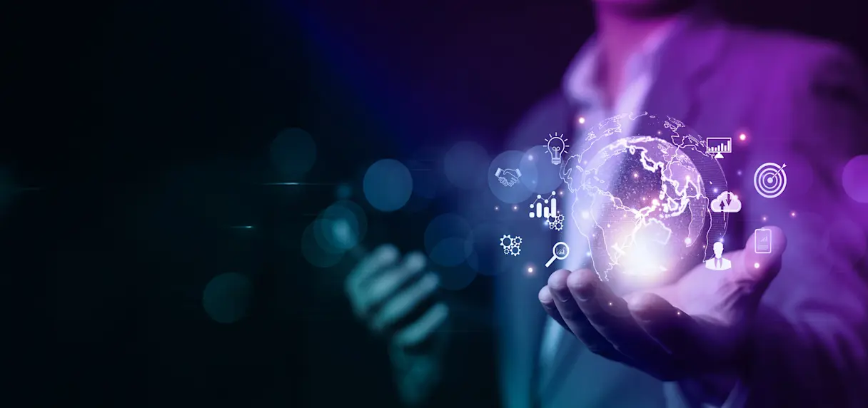 Business professional holding a glowing digital globe with floating technology and analytics icons