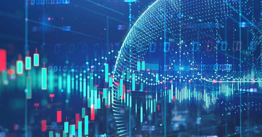 Digital stock market background with candlestick charts and data analytics representing global finance.