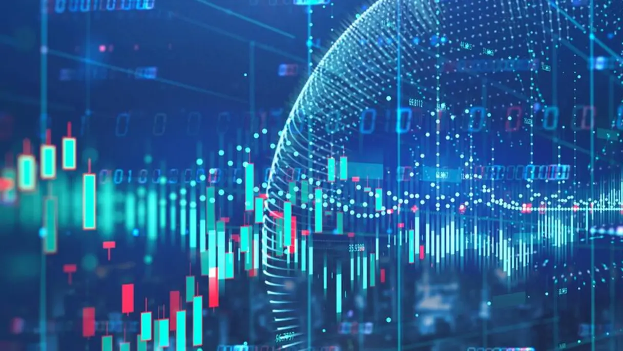 Digital stock market background with candlestick charts and data analytics representing global finance.