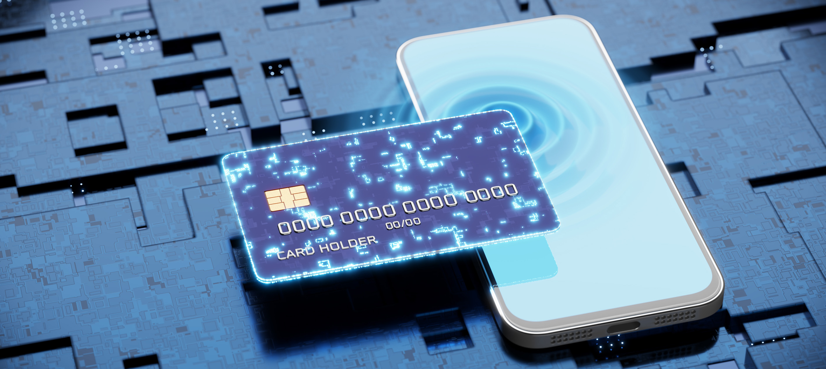 Digital illustration of a glowing credit card overlapping a smartphone on a blue circuit board background, representing digital payments and financial technology.