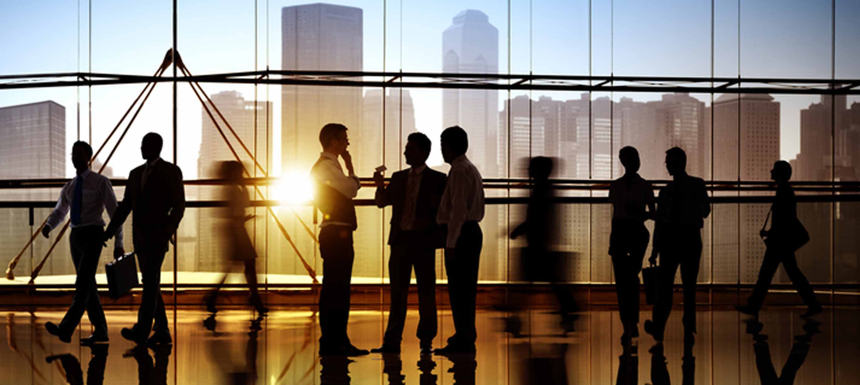 Business professionals silhouetted in a city office at sunset.