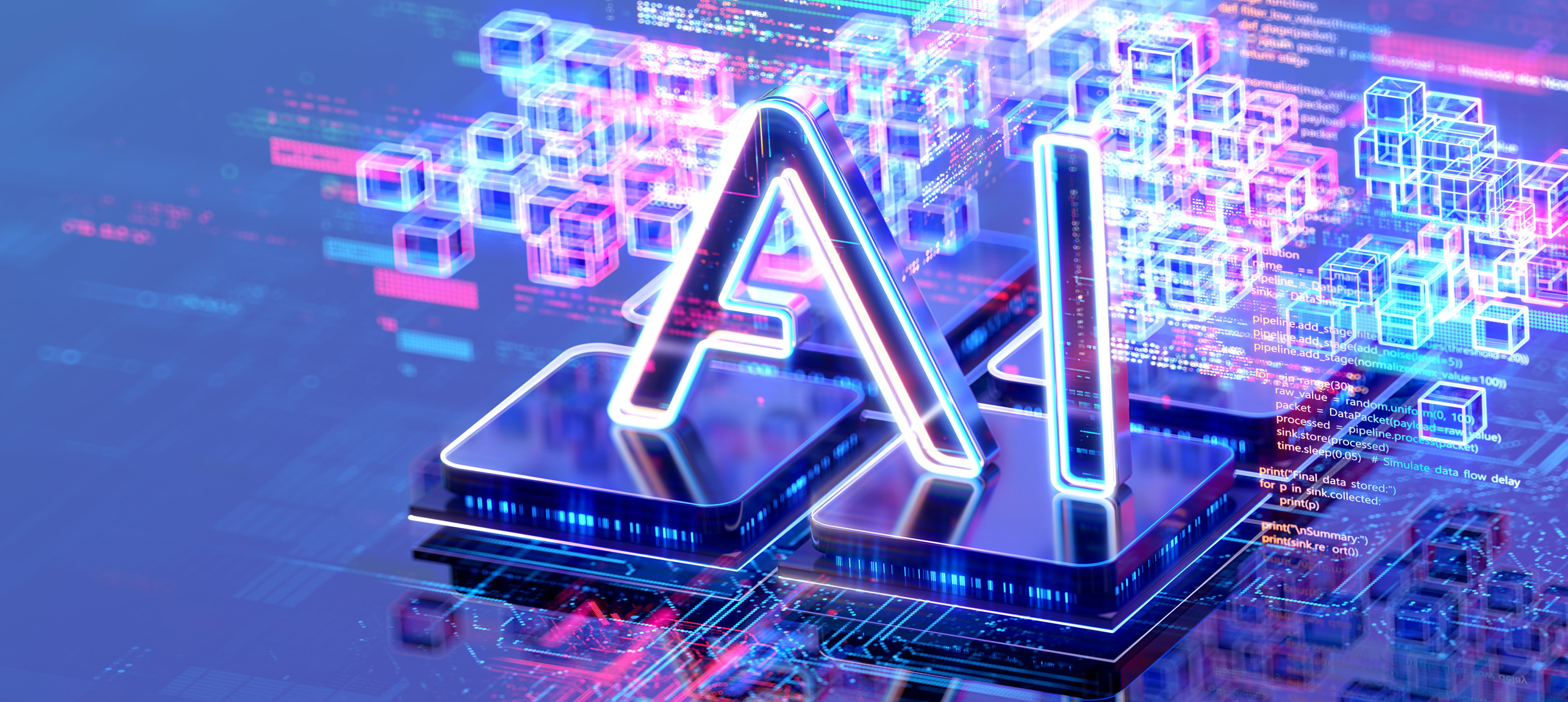 digital graphic featuring glowing 3D letters "AI" on top of microchip-like processor blocks surrounded by abstract code, blue light, and geometric data cubes.