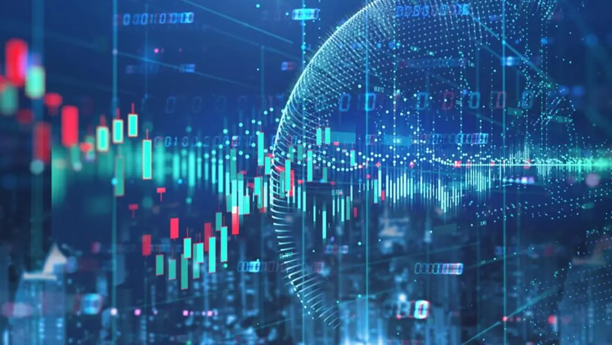 Digital stock market chart with financial data, trading indicators, and a glowing globe, symbolising global finance trends.
