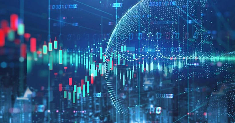 Digital stock market chart with financial data, trading indicators, and a glowing globe, symbolising global finance trends.