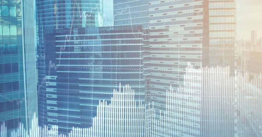Tall glass office buildings in a city skyline with a transparent white bar and line chart overlaid across the image.