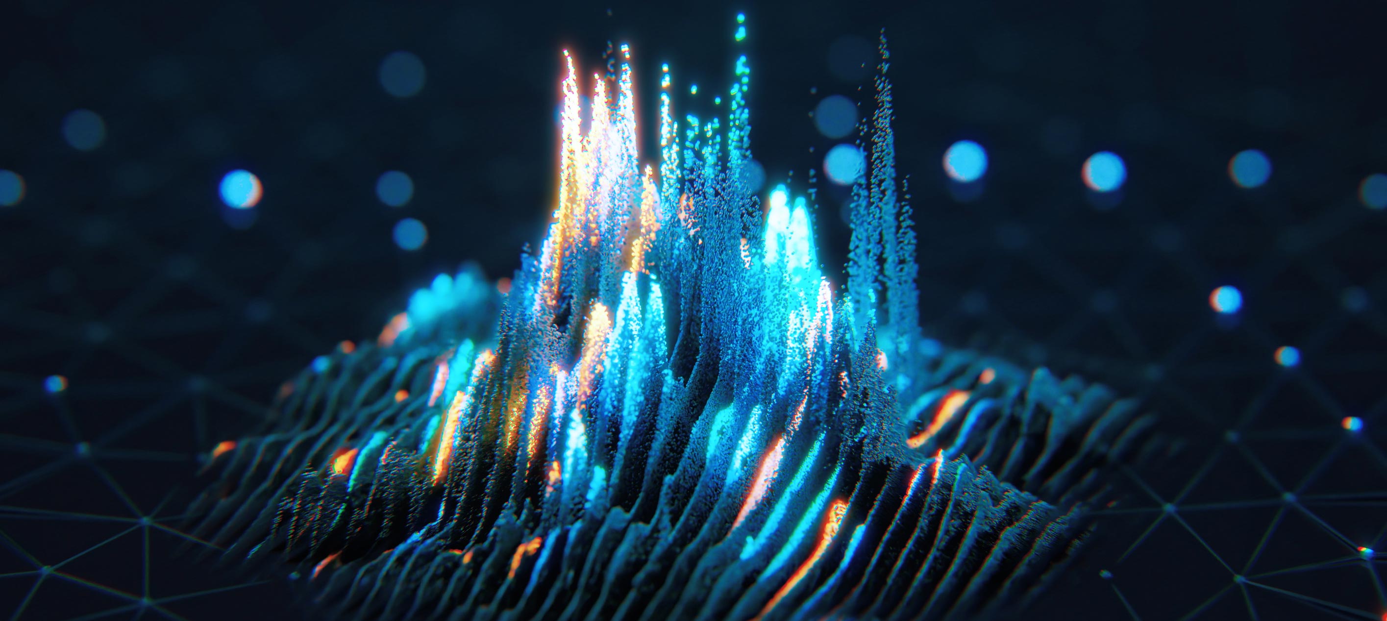 Abstract 3D landscape of glowing blue and gold data peaks rising from a digital grid with scattered light points.