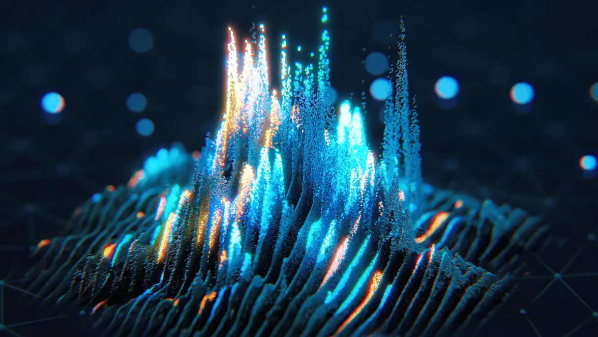 Abstract 3D landscape of glowing blue and gold data peaks rising from a digital grid with scattered light points.