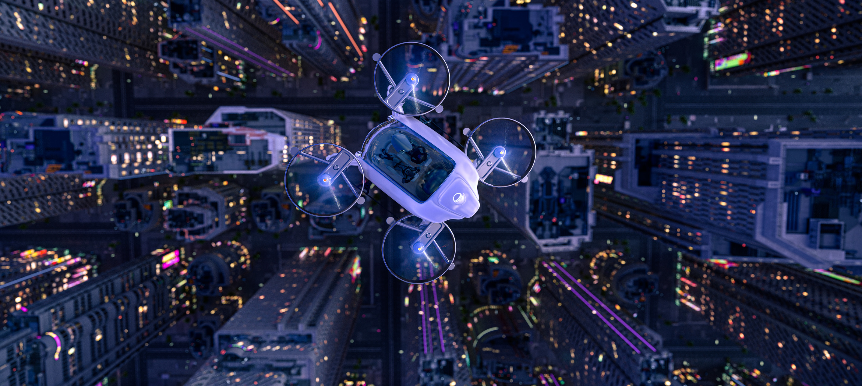 Flying drone taxi above a futuristic city skyline