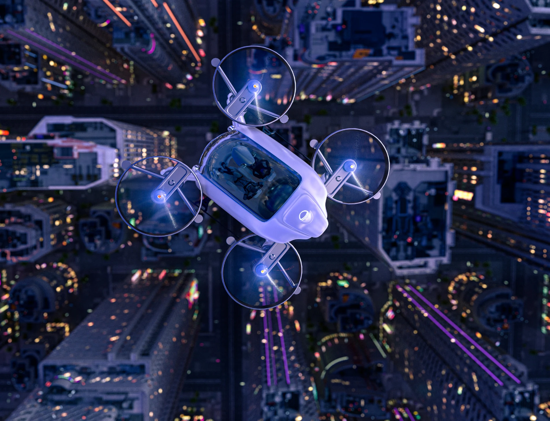Flying drone taxi above a futuristic city skyline