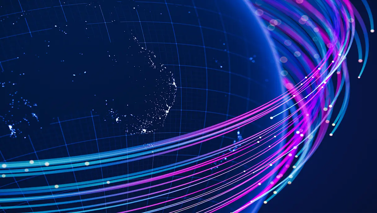 Abstract digital globe with blue gridlines and vibrant pink, purple and blue light trails flowing around the Earth, symbolizing global connectivity, data networks and technology.