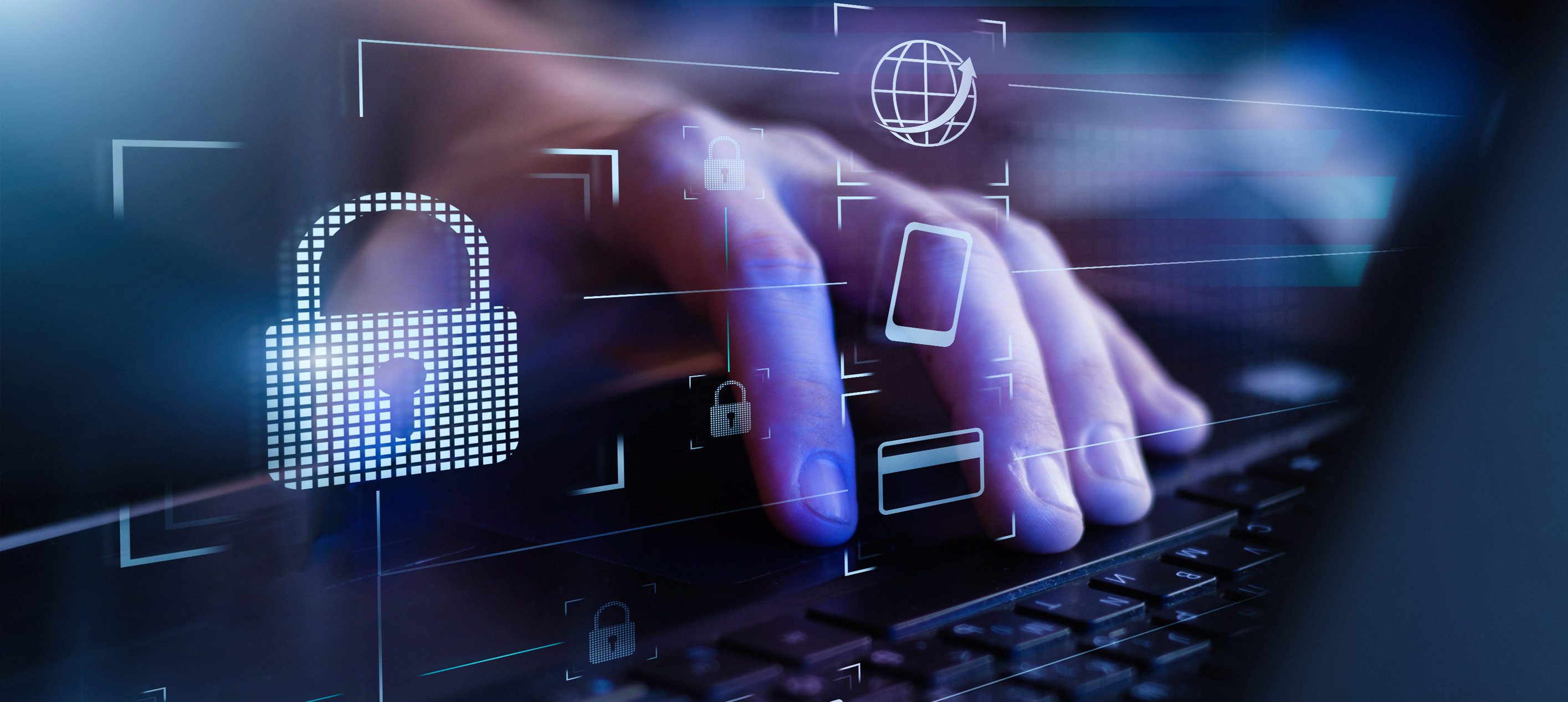 A hand rests on a laptop keyboard beneath glowing outline icons of padlocks, a globe, a phone and a card.