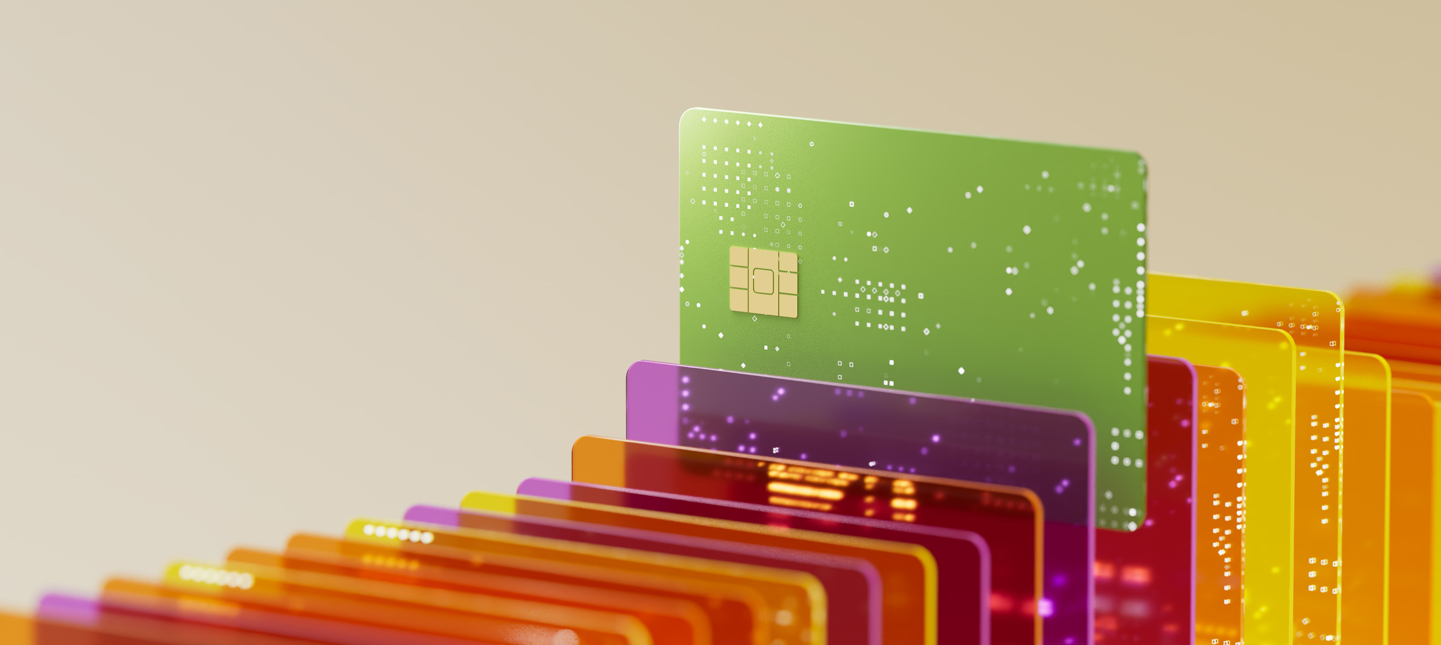 Row of colorful credit cards with a green credit card taller than the rest