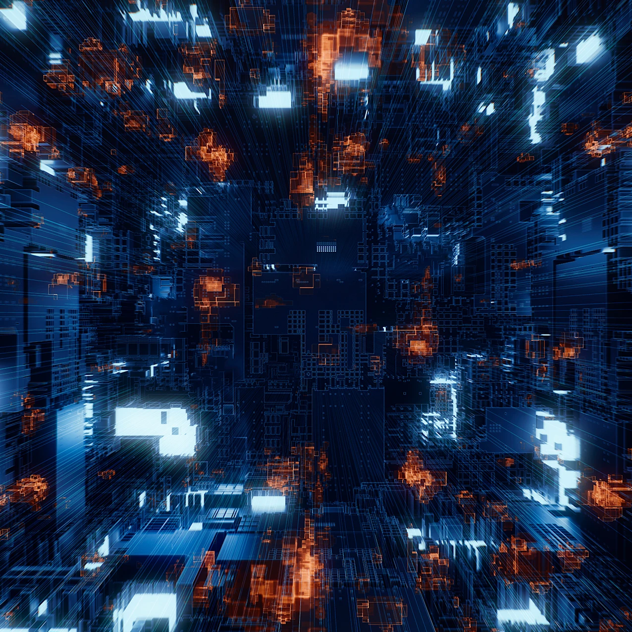 3D digital circuit board with glowing blue and orange elements creating a complex, immersive grid pattern in a futuristic technology style.